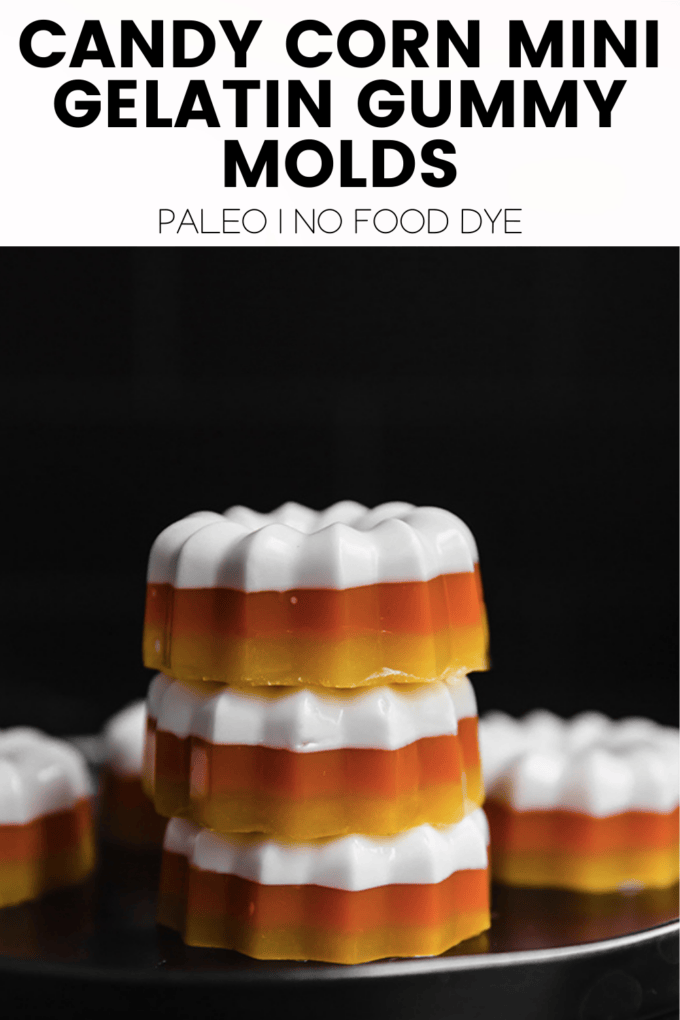 Gelatin molds with text \"Candy Corn Mini Gelatin Gummy Molds Paleo | No Food Dye.\"