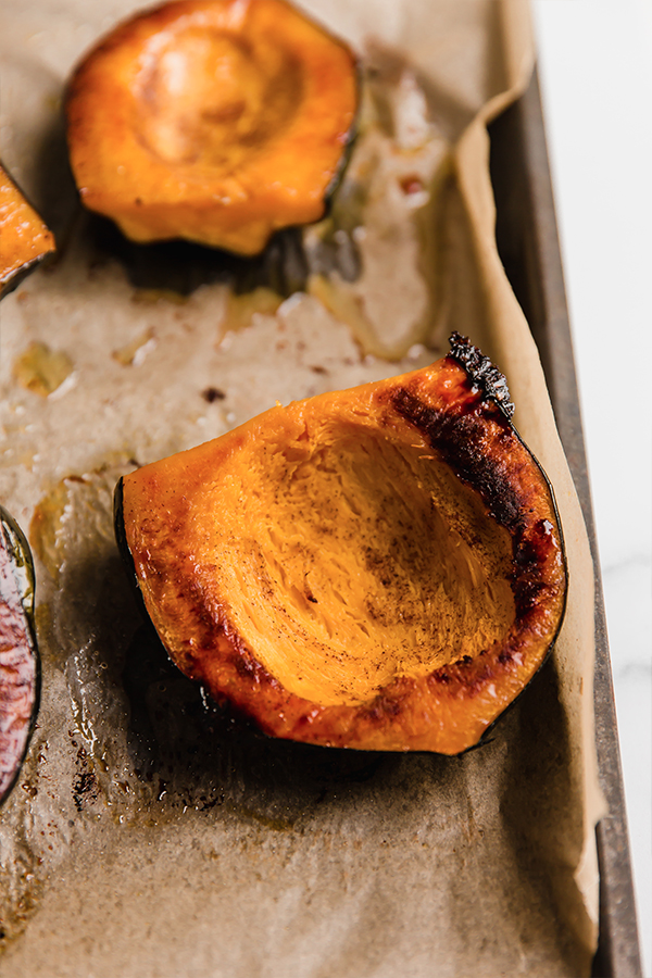 Acorn squash after being roasted in the oven.