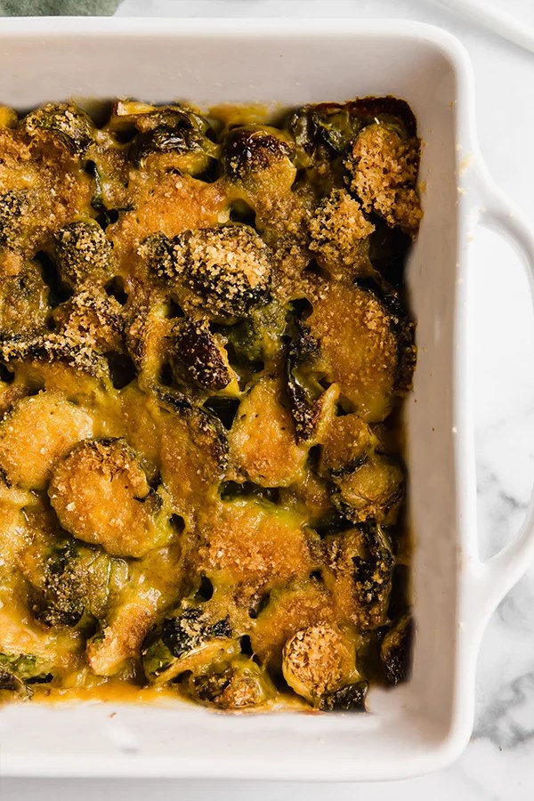 Baking dish of brussels sprouts gratin.