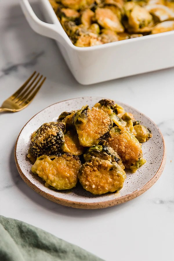 A plate of brussels sprouts gratin.