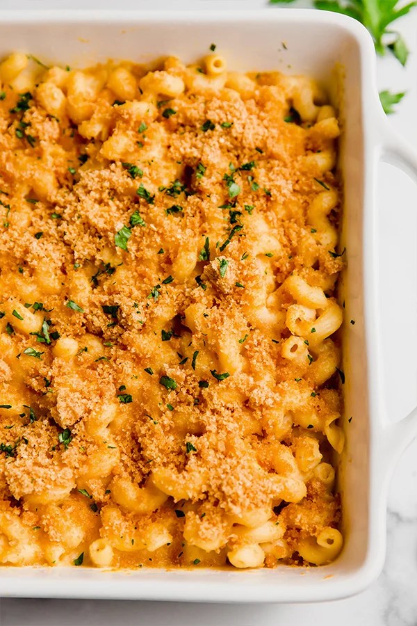 Paleo mac and cheese in a baking dish.