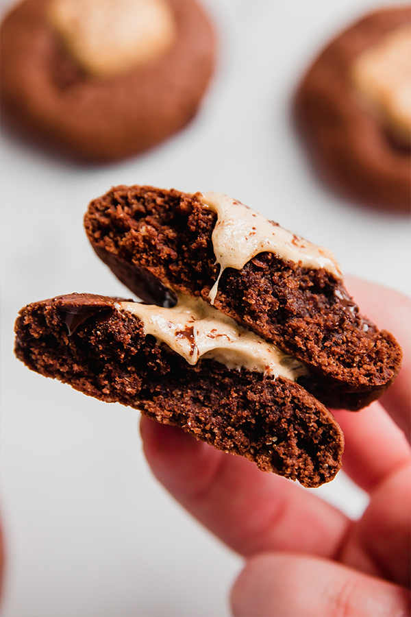 A hot cocoa cookie in a hand.