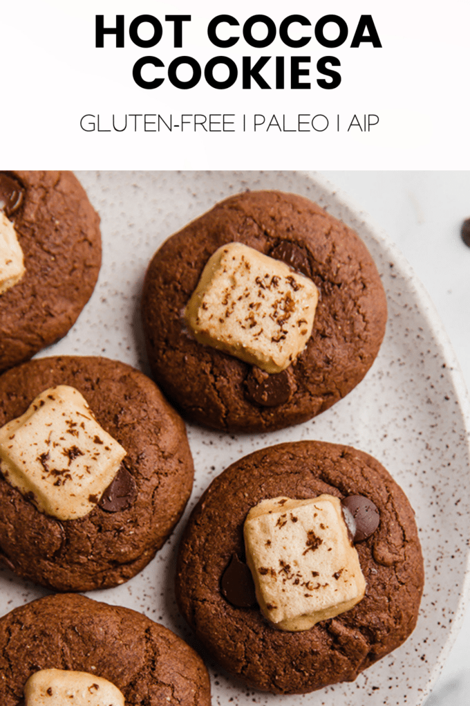 Cookies with text \"Gluten-Free Hot Cocoa Cookies Gluten-Free | Paleo | AIP.\"