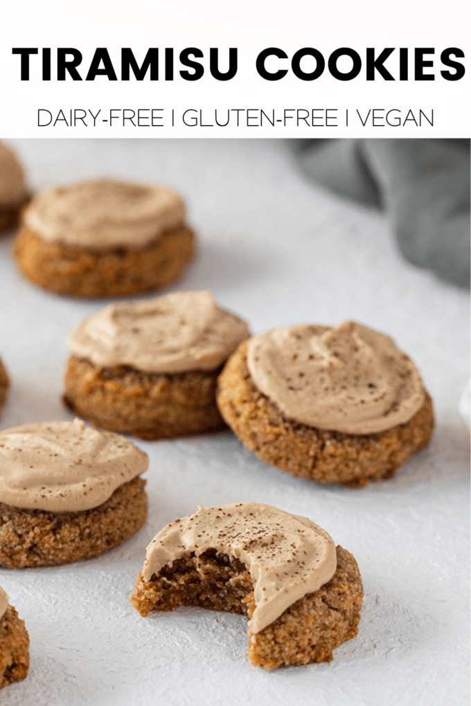 Cookies with text \"Tiramisu Cookies Dairy-Free | Gluten-Free | Vegan.\"