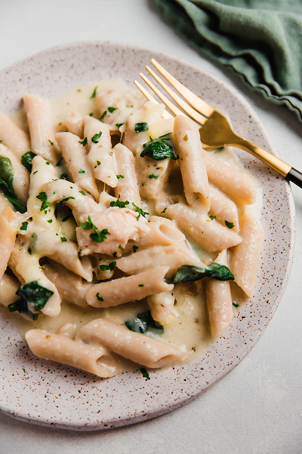 A plate with a serving of chicken alfredo no-boil pasta bake.