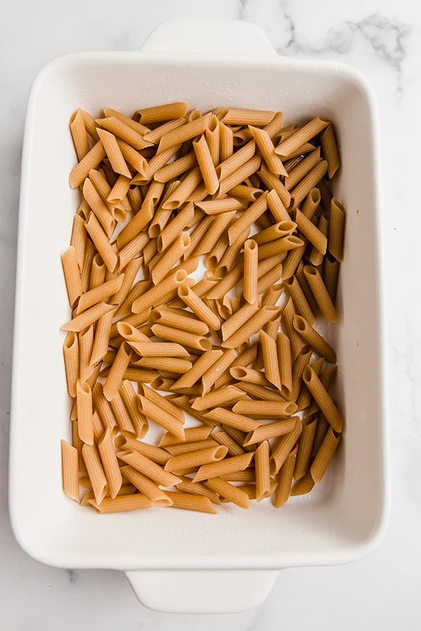 A baking dish full of pasta.