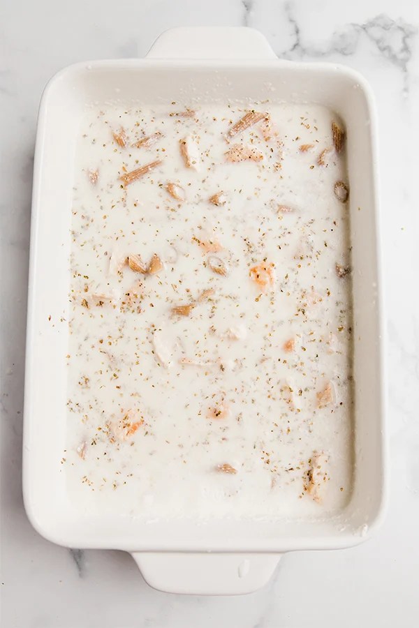 A baking dish with ingredients prior to baking.