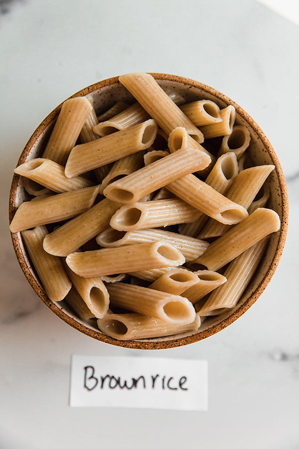 Brown rice pasta in a bowl