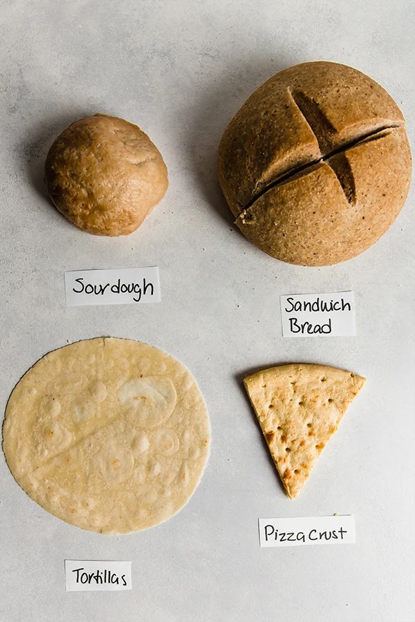 Four different labeled bread products.