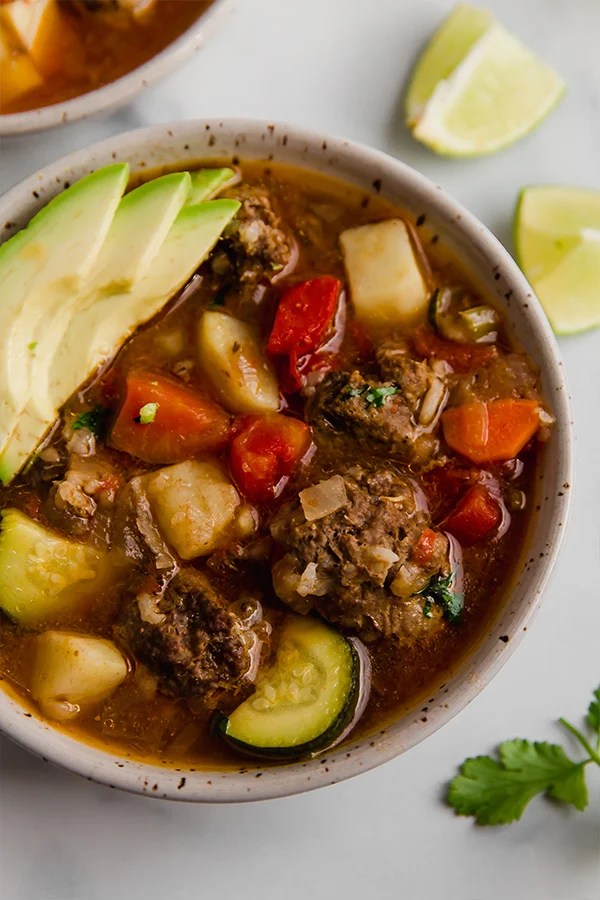 Bowl of Mexican meatball soup.