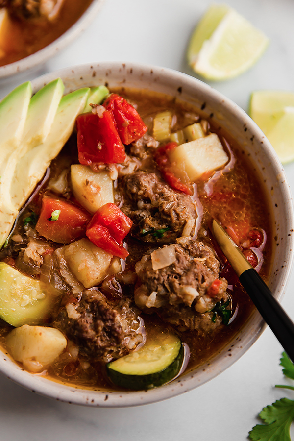 A bowl of Albondigas soup.