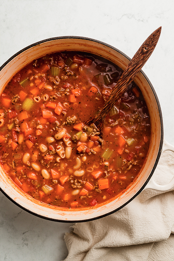 A pot of pasta fagioli soup.