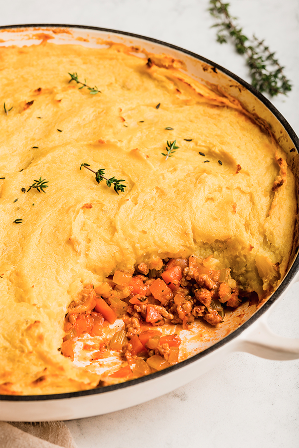 A scoop missing from the turkey shepherd's pie.