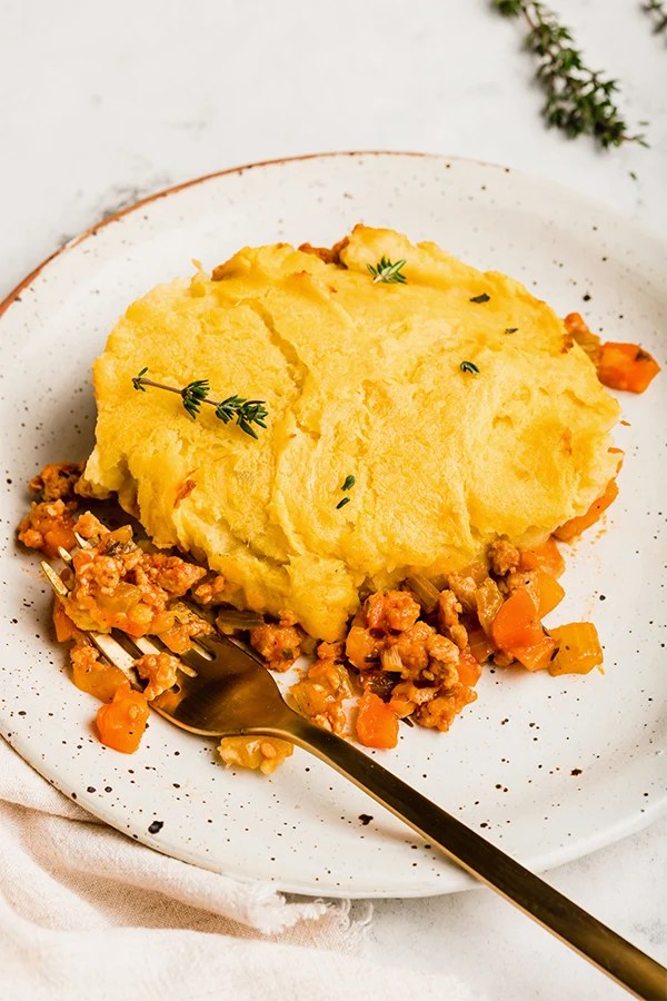 A serving of turkey shepherd's pie on a plate.