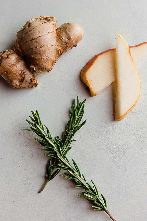 Ingredients for sparkling ginger pear mocktail.