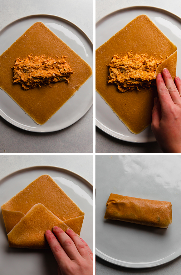 Step by step photos of building the egg rolls.