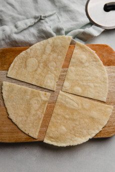 Tortilla cut into fourths.