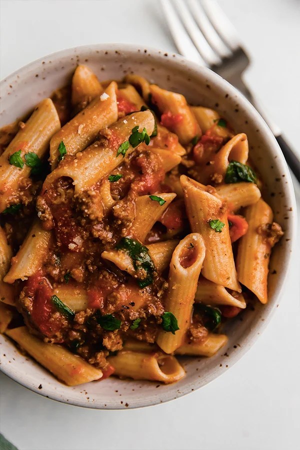 Pasta with sauce in a bowl.