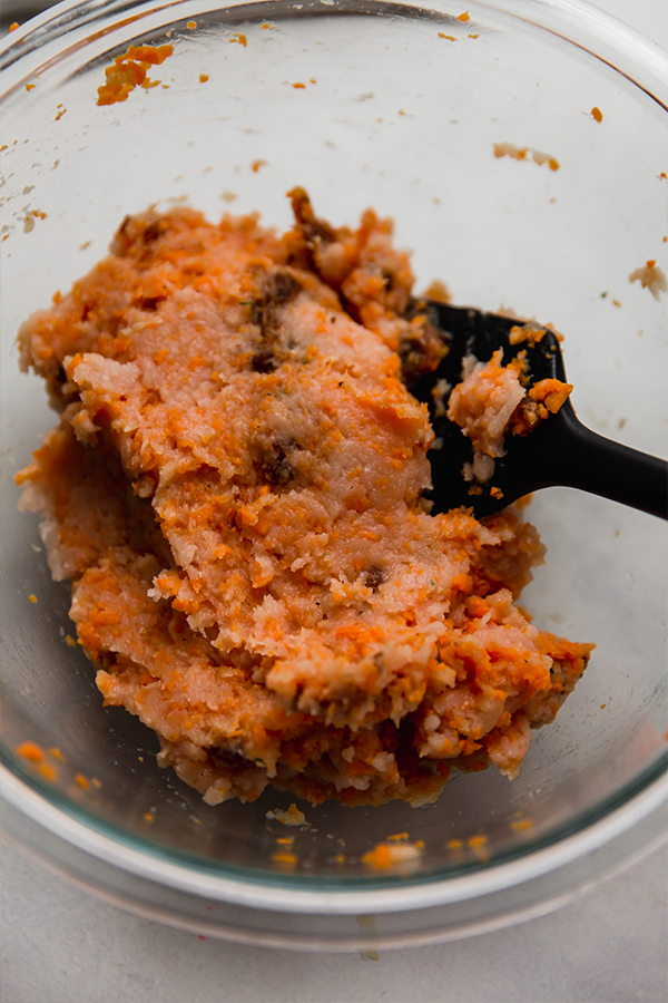 The batter for the turkey breakfast sausages in a glass bowl.