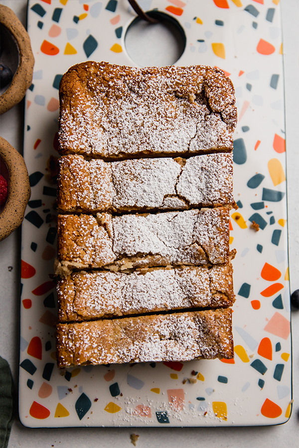 A loaf of sliced paleo pound cake.