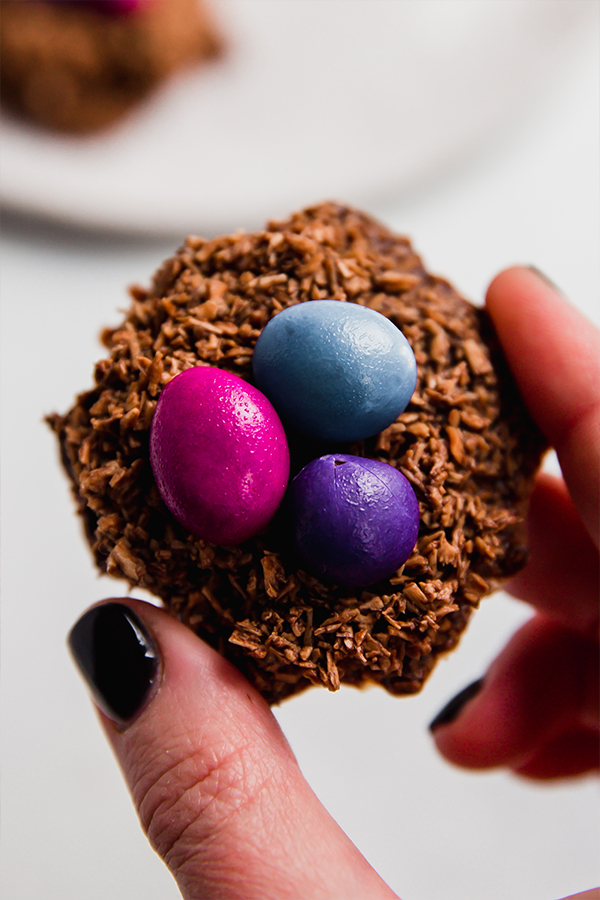 Person holding a chocolate coconut Easter egg nest.