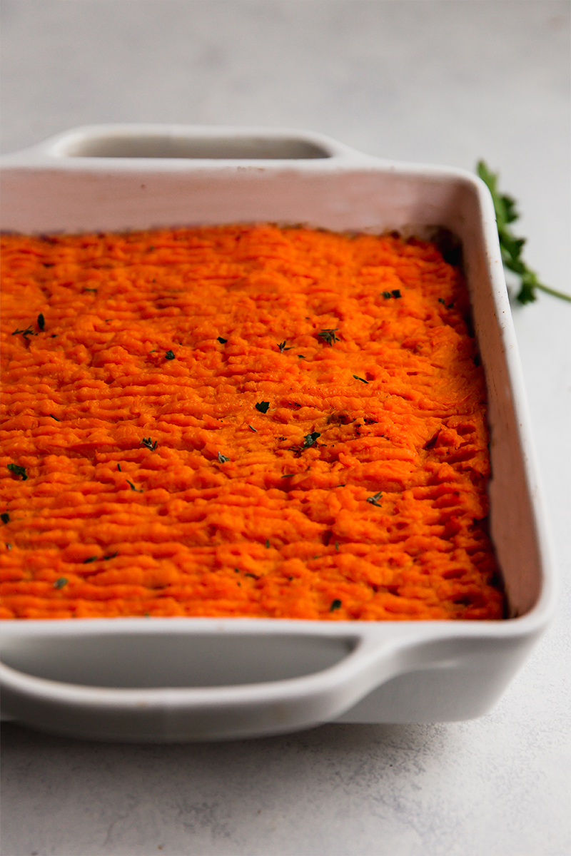 Sweet potato shepherd's pie in a baking dish.