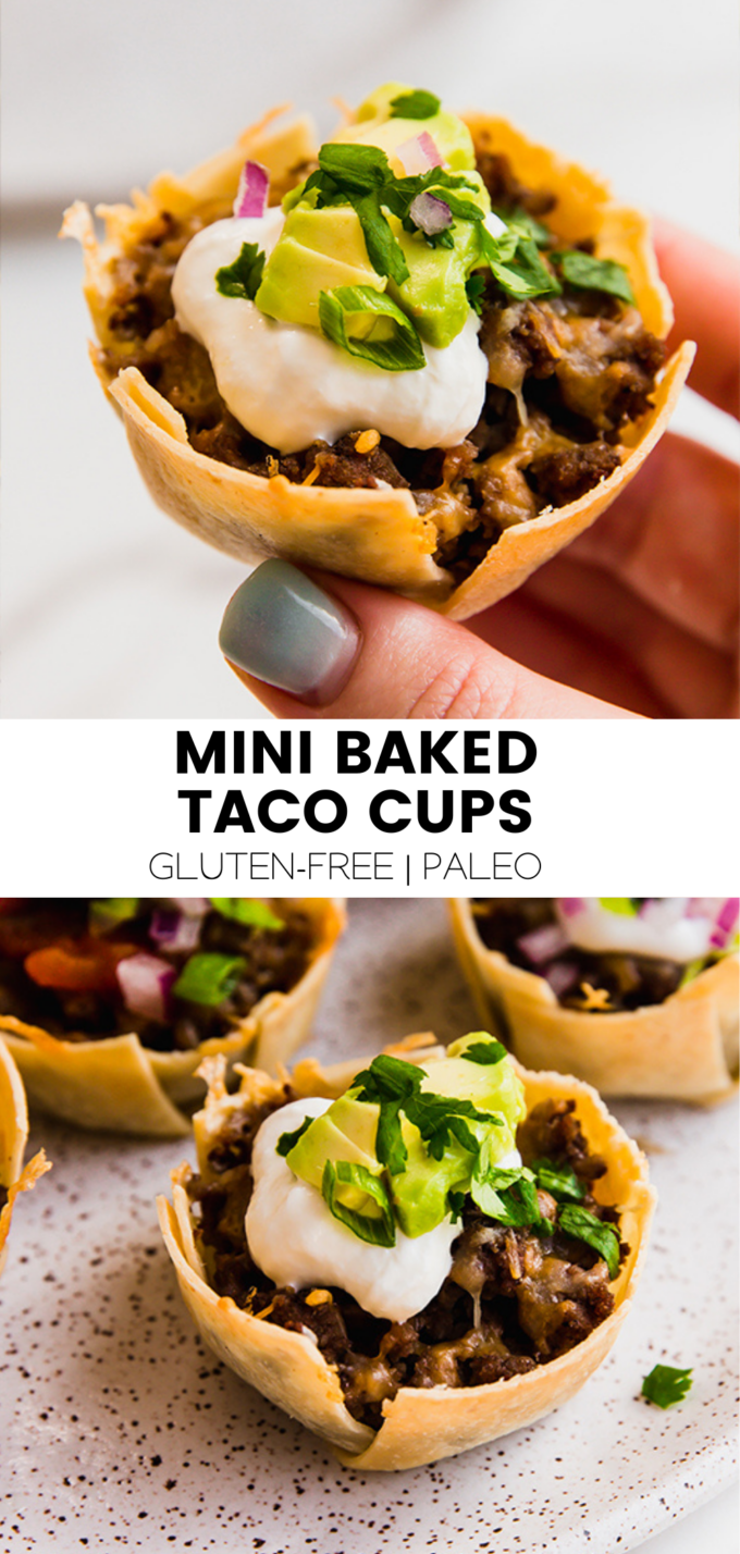 Collage with text \"Mini Baked Taco Cups Gluten-Free | Paleo.\"