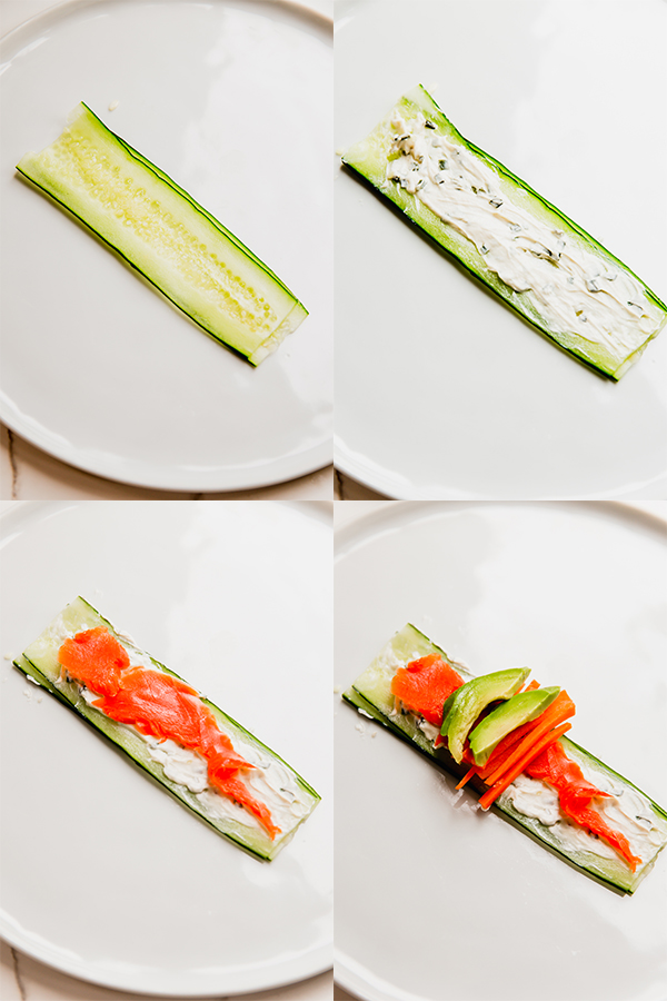 The steps of spreading the cucumber with toppings.
