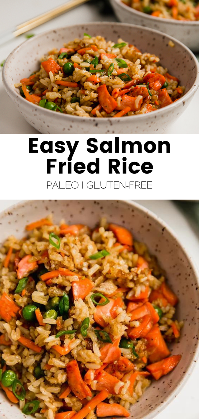 Collage with text \"Easy Salmon Fried Rice Paleo | Gluten-Free.\"
