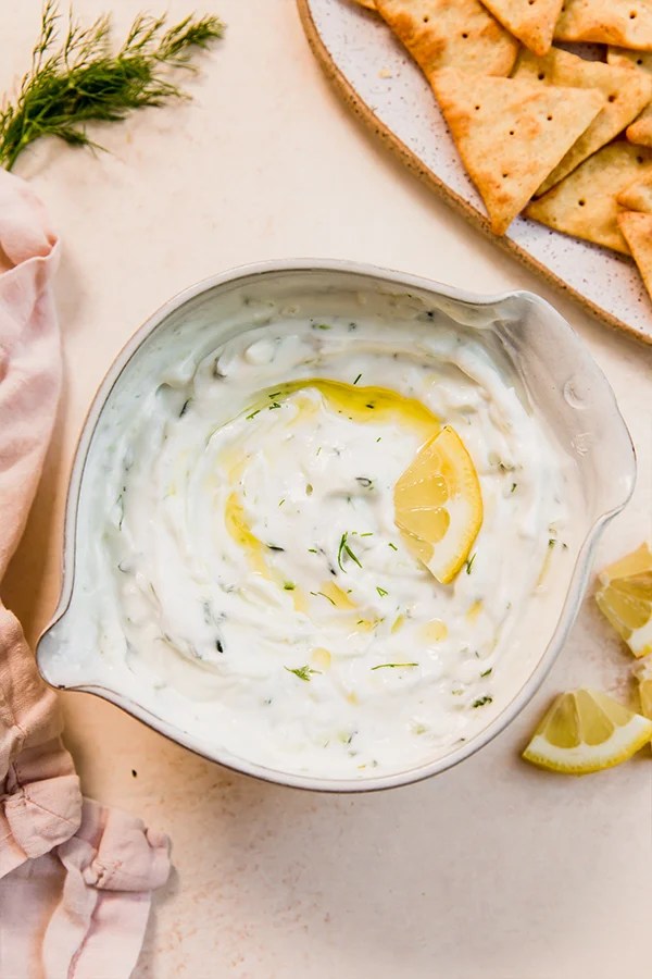 Bowl of dairy-free tzatziki.