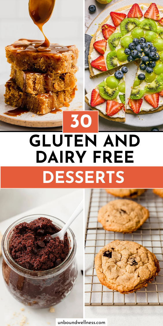 Collage with text \"30 Gluten and Dairy Free Desserts.\"