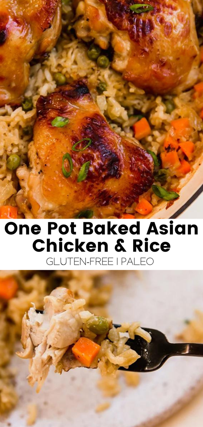 Collage with text \"One Pot Baked Asian Chicken & Rice Gluten-Free | Paleo.\"