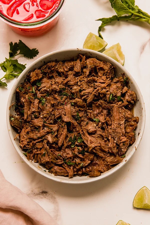 Bowl of barbacoa beef.