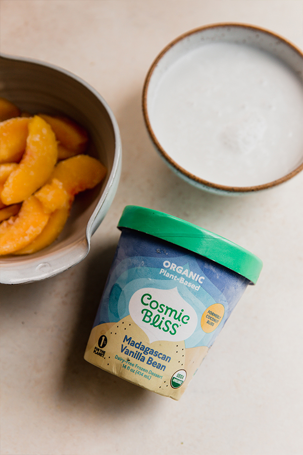 The ingredients for Dairy Free Creamy Peach Milkshake.