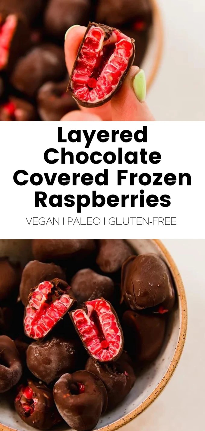 Collage with text \"Layered Chocolate Covered Frozen Raspberries Vegan | Paleo | Gluten-Free.\"