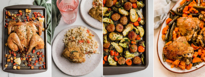 Collage of foods cooked in one pan.