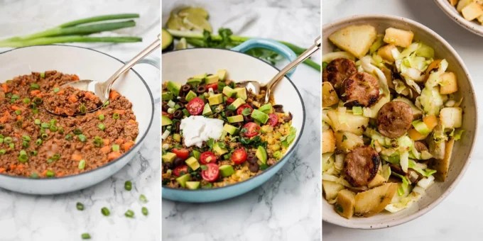 Collage of foods cooked in skillets.