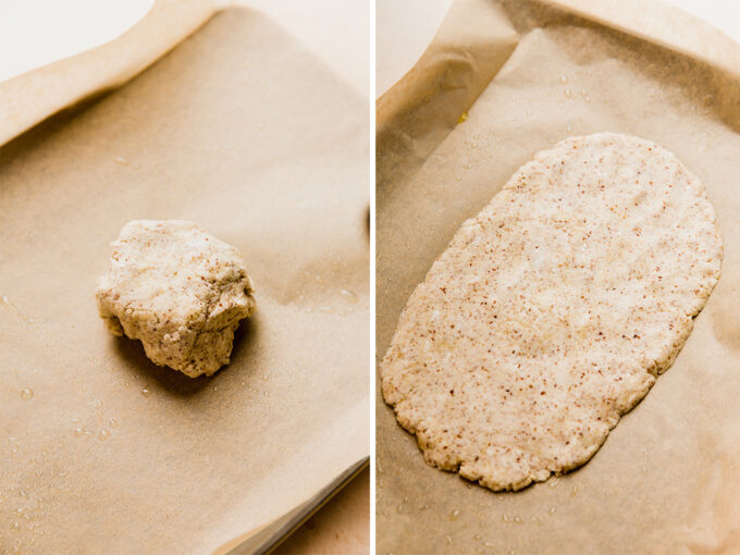 The flatbread dough in a ball and rolled out on a baking sheet.