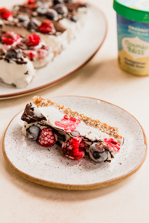 Slice of no bake berry vanilla ice cream cake on its side on a plate.