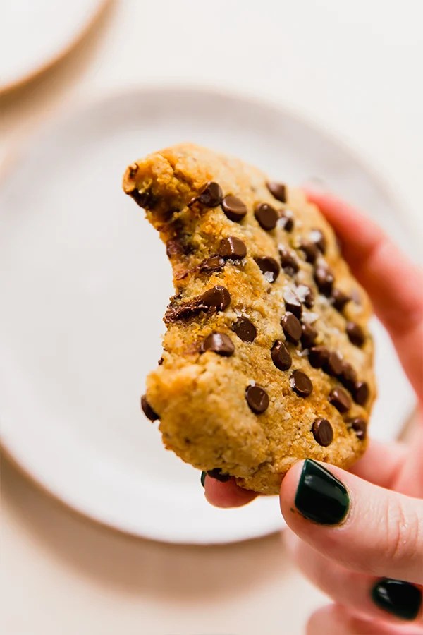 Person holding a large pumpkin chocolate chip cookie missing a bite.