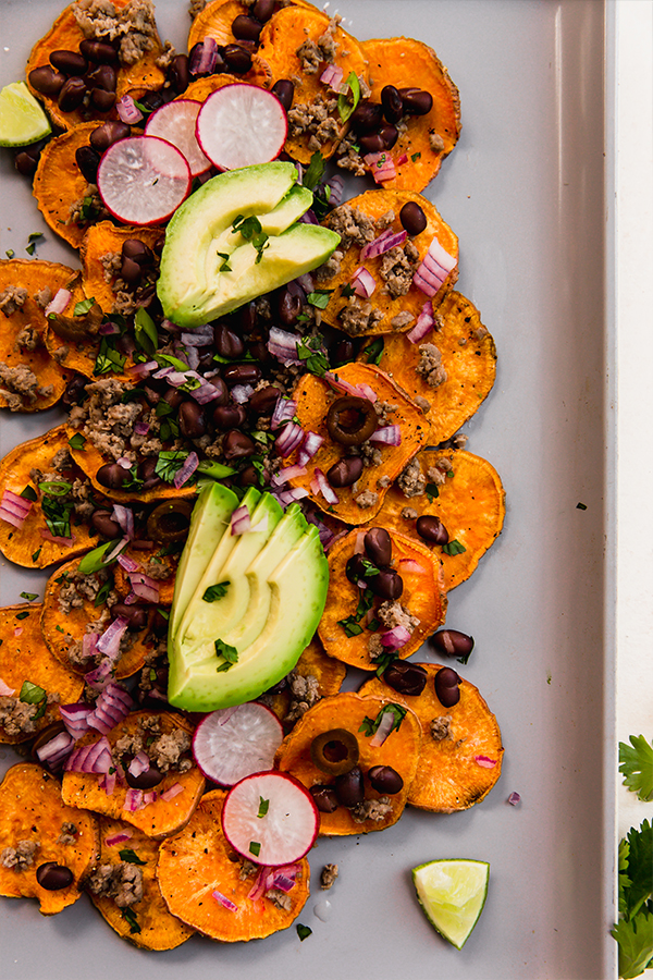 A baking sheet of sweet potato nachos.