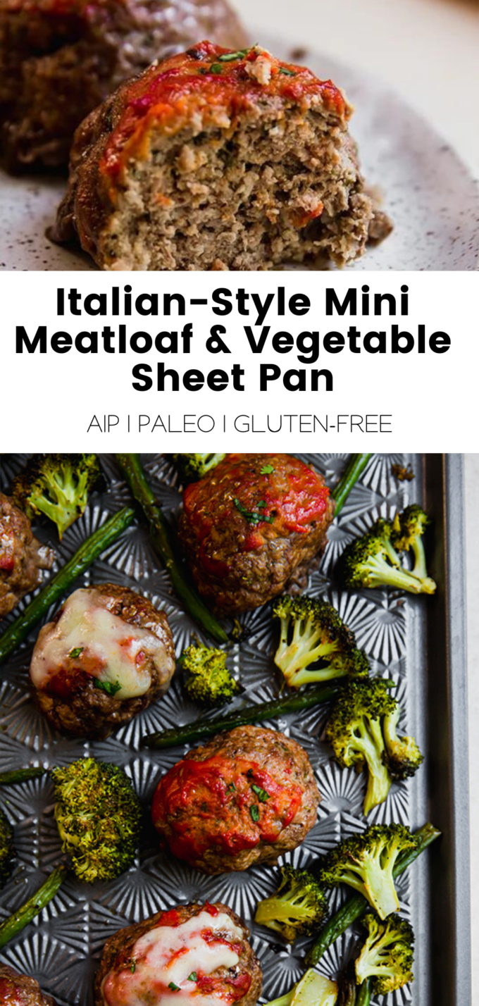 Collage with text \"Italian-Style Mini Meatloaf & Vegetable Sheet Pan AIP | Paleo | Gluten-Free.\"