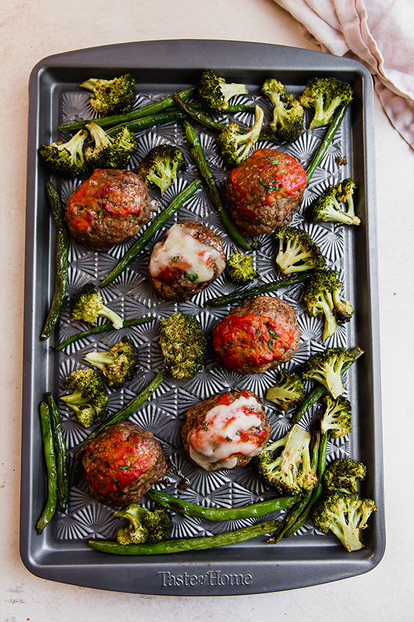 The Italian-Style Mini Meatloaf & Vegetable Sheet Pan after baking.
