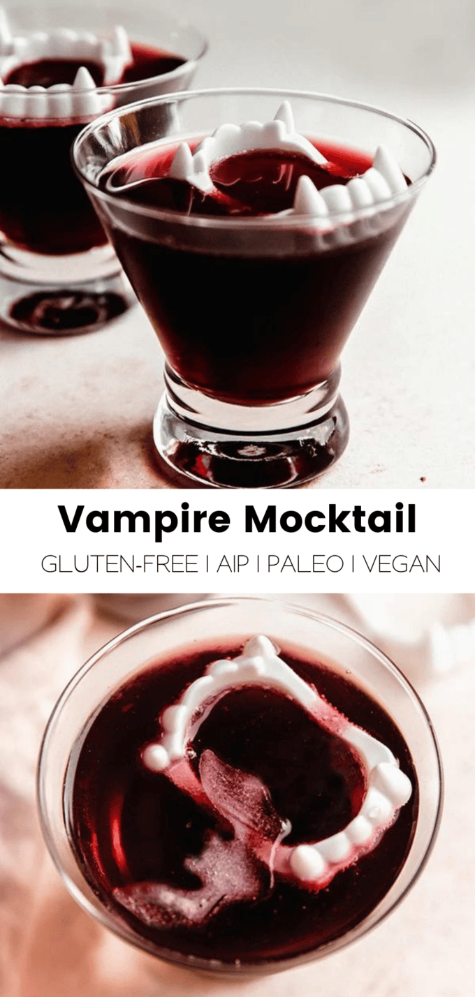 Collage with text \"Vampire Mocktail Gluten-Free | AIP | Paleo | Vegan.\"