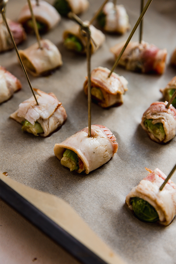 Bacon wrapped brussel sprouts ready to go into the oven.