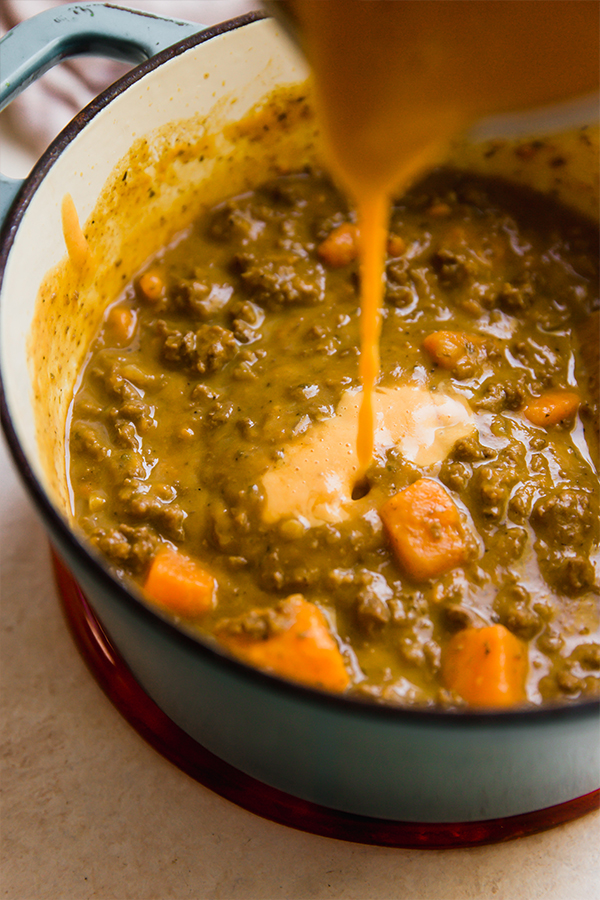 A pot of queso chili