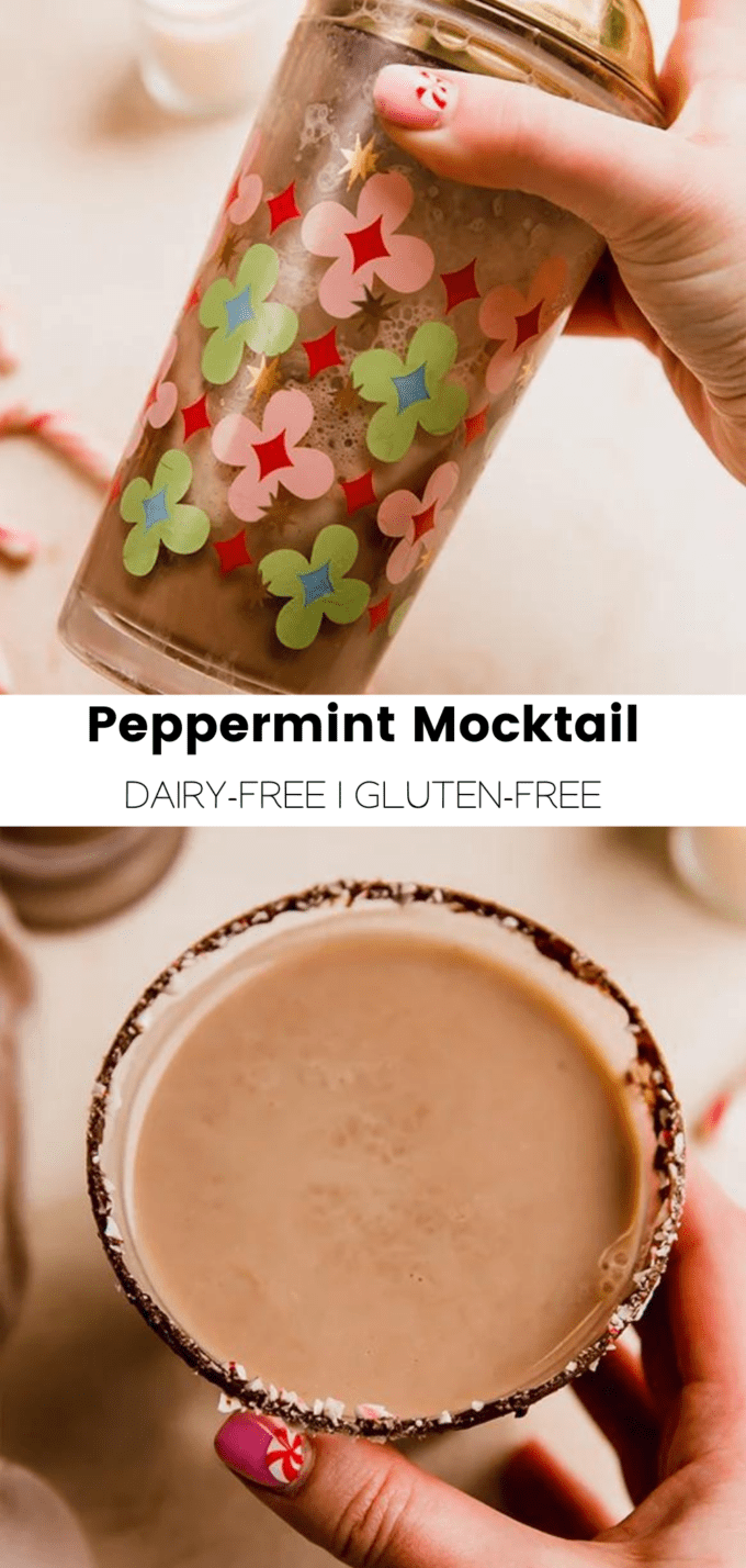 Collage with text \"Peppermint Mocktail Dairy-Free | Gluten-Free.\"