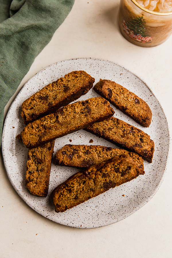 Gluten-free chocolate chip biscotti on a plate.