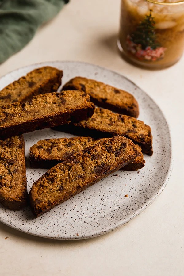 Plate of gluten-free chocolate chip biscotti.