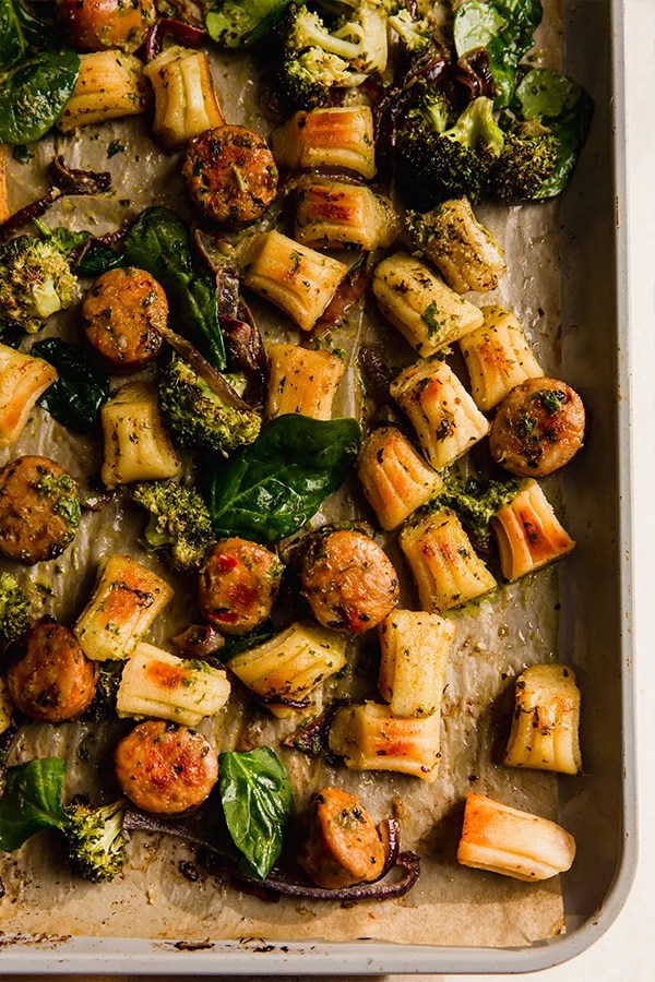 The gnocchi & sausage sheet pan after baking.